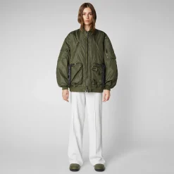 Kvinner Save The Duck Unisex Bomberjakke Ciara I Stovet Oliven